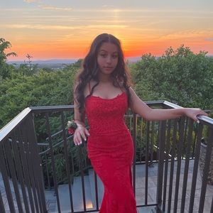 Mori Lee Red Laced Mermaid Prom Dress